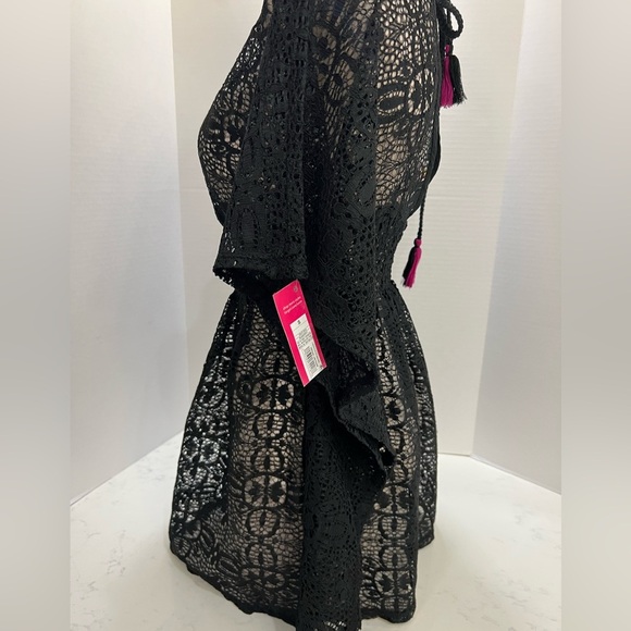 Black Lace Kimono Swim Coverup with V-Neck - Picture 6 of 10